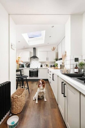 A modern kitchen with white cabinets, a black countertop, and a skylight.