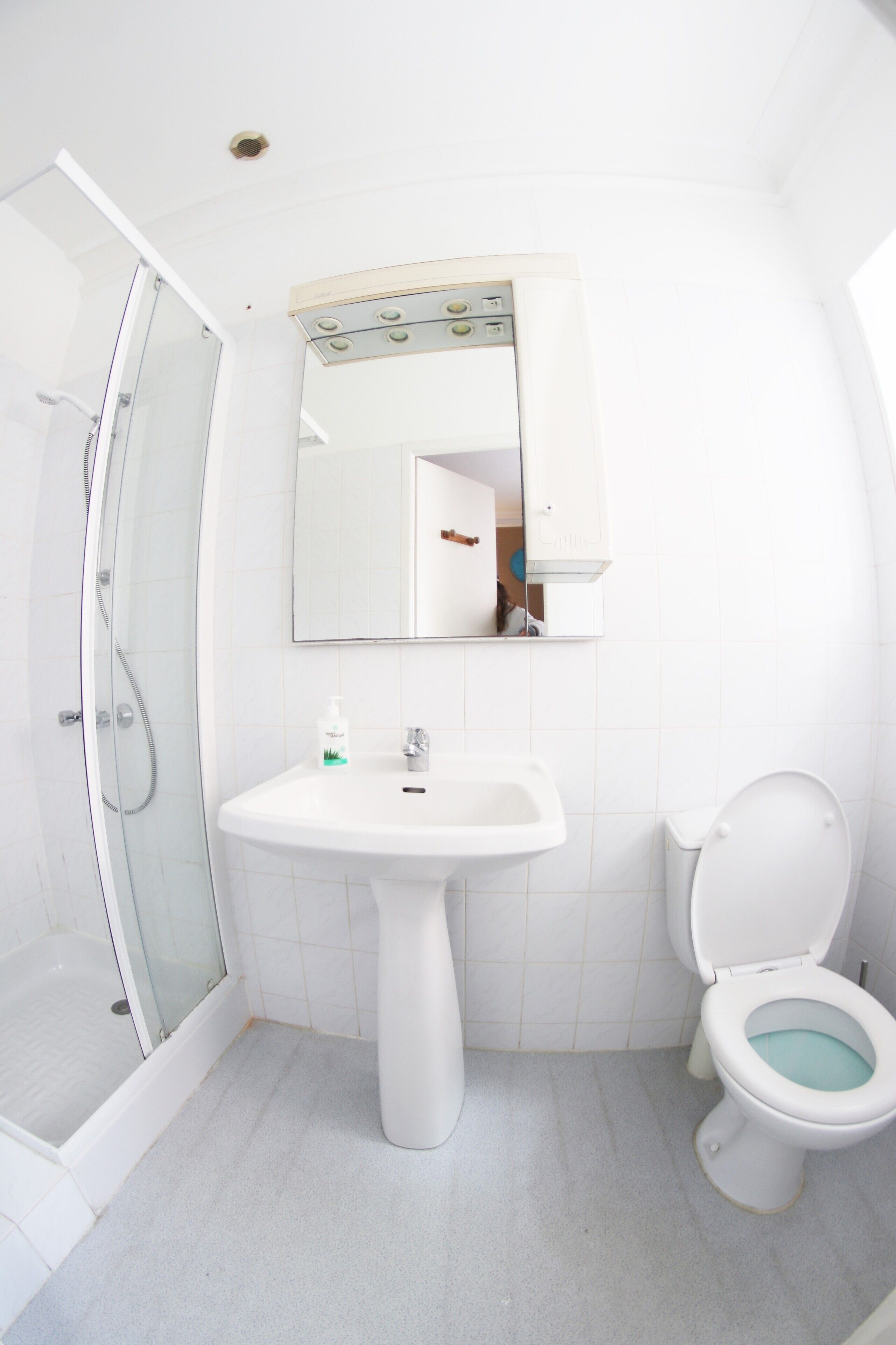 Un baño con ducha de vidrio, lavamanos independiente, inodoro y espejo sobre el lavamanos.