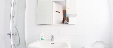 Un baño con ducha de vidrio, lavamanos independiente, inodoro y espejo sobre el lavamanos.