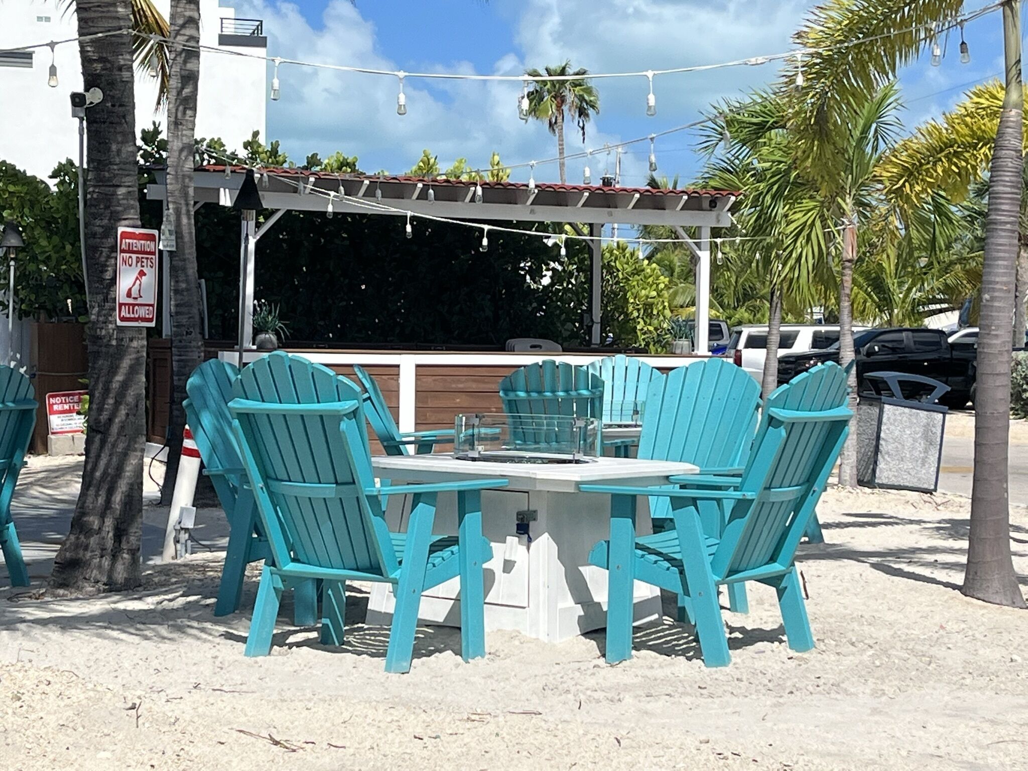 An outdoor seating area with turquoise Adirondack chairs and a white table, surrounded by palm trees and a string of lights.