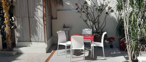 A patio area with a table and chairs, a small sink, and various plants.