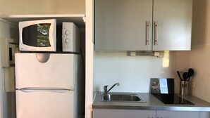Een kleine keuken met een koelkast, magnetron en spoelbak.