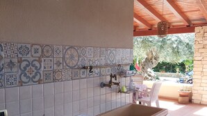 Une salle de bain avec un mur recouvert de carreaux derrière le lavabo, un lavabo, une plante en pot et un rideau de douche.