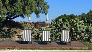 Un espace aménagé au bord de la piscine, avec trois chaises longues à rayures, un mur en pierre et un grand arbre.