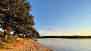 Een zandstrand met voetafdrukken, een grote boom en rustig water.