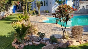 Una casa moderna con piscina, rodeada de un jardín cuidado con varias plantas y un sendero de piedra.