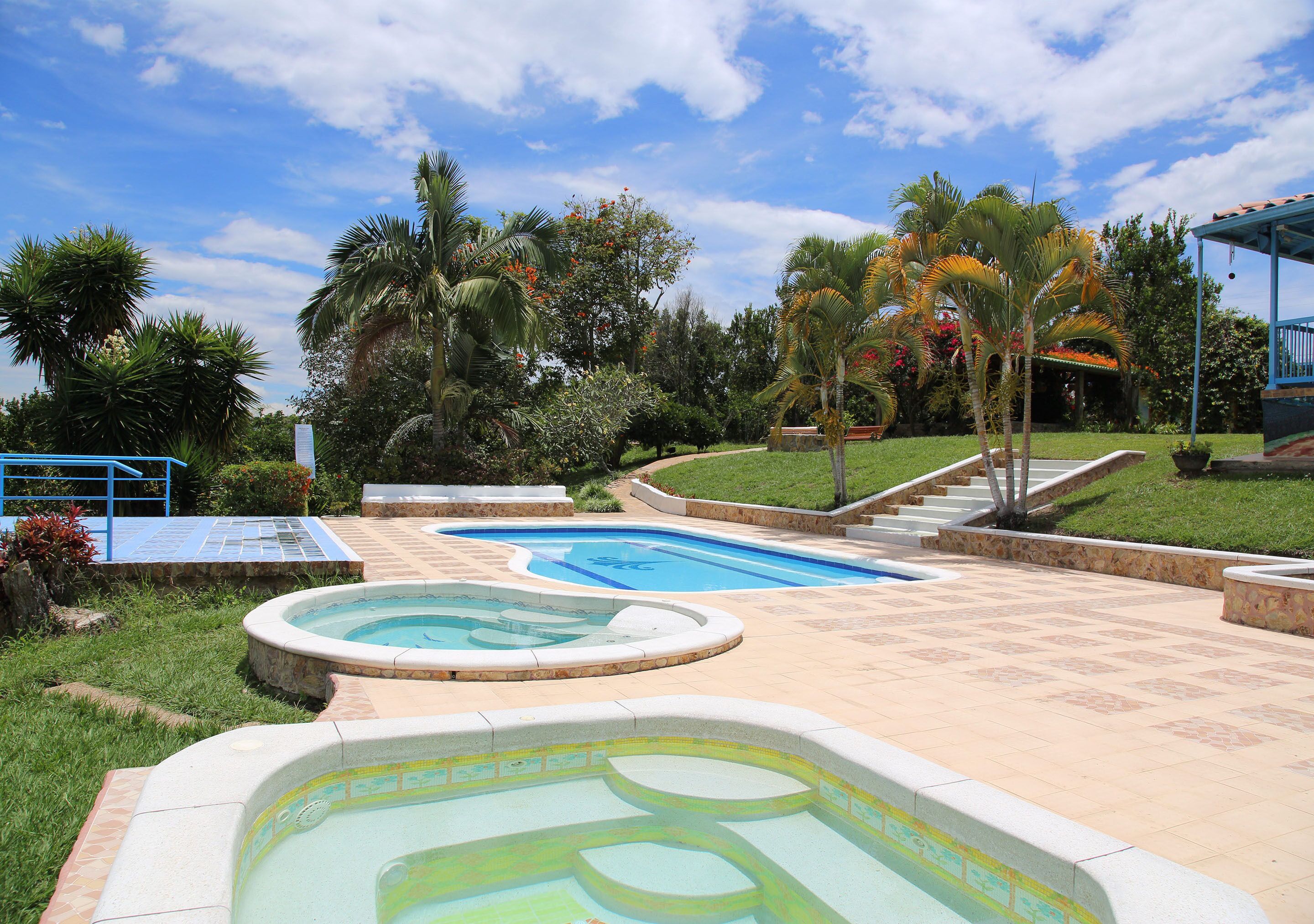 Outdoor pool, pool umbrellas, pool loungers