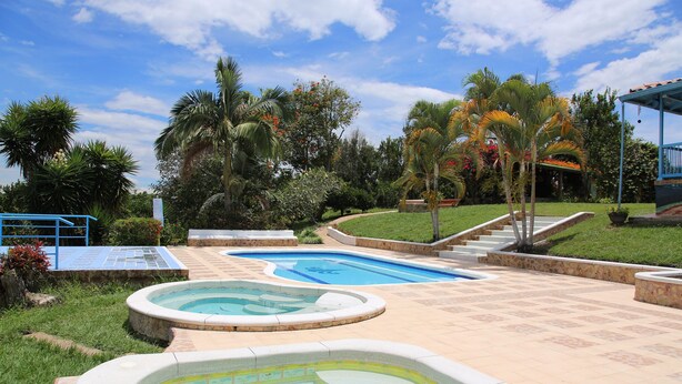 A pool area with multiple swimming pools and palm trees. - Brugmansia Country Hotel (Montenegro)