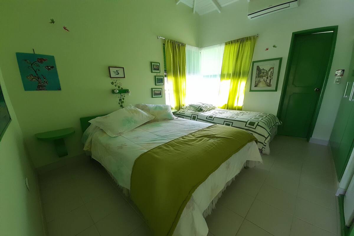 A bedroom with two beds, a green door, and a window with yellow curtains.