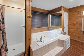 Shower, jetted tub, hair dryer, towels