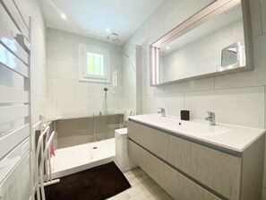 Shower, hair dryer, towels