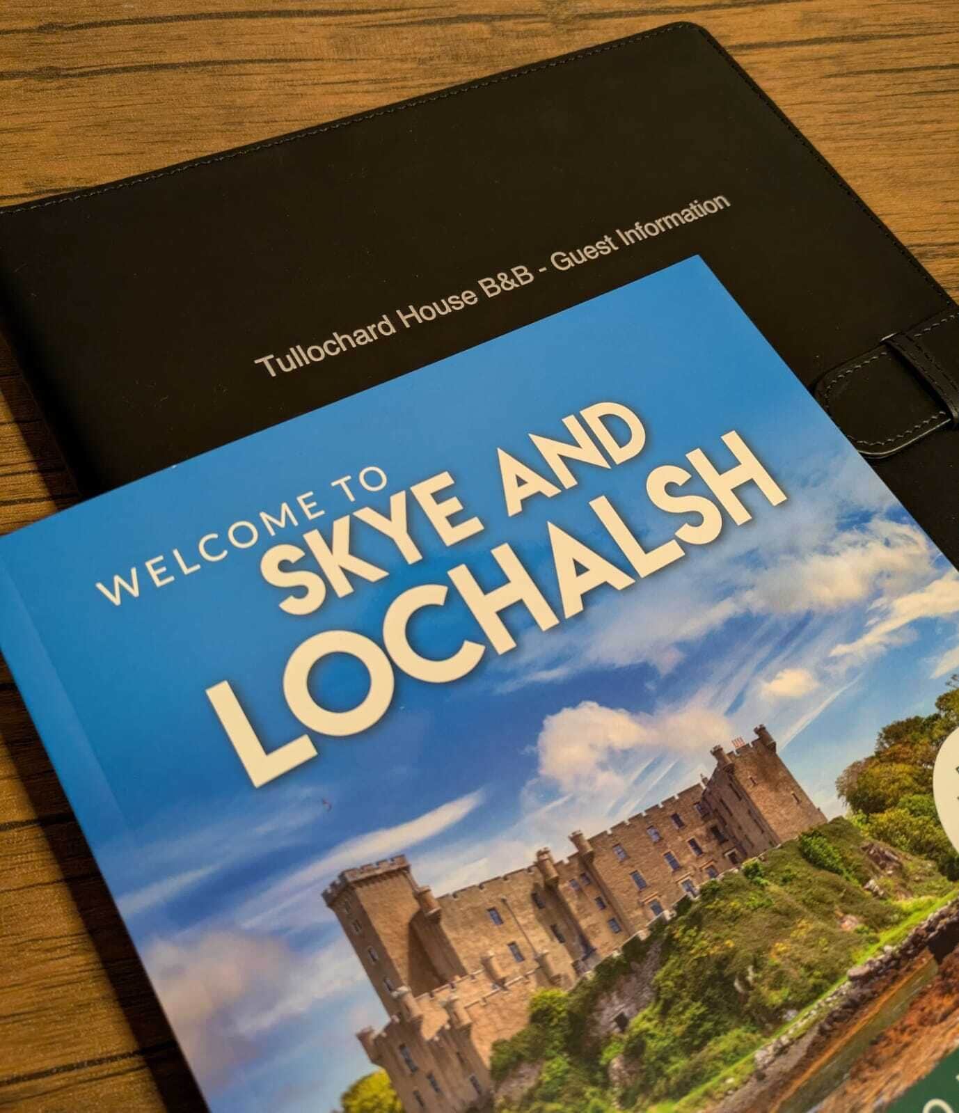 A welcome brochure for Tullochard House B&B, featuring a castle image and text welcoming to Skye and Lochalsh.