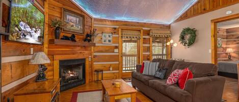 Cabin, 1 King Bed with Sofa bed, Fireplace | Living area | 42-inch flat-screen TV with cable channels, TV, fireplace
