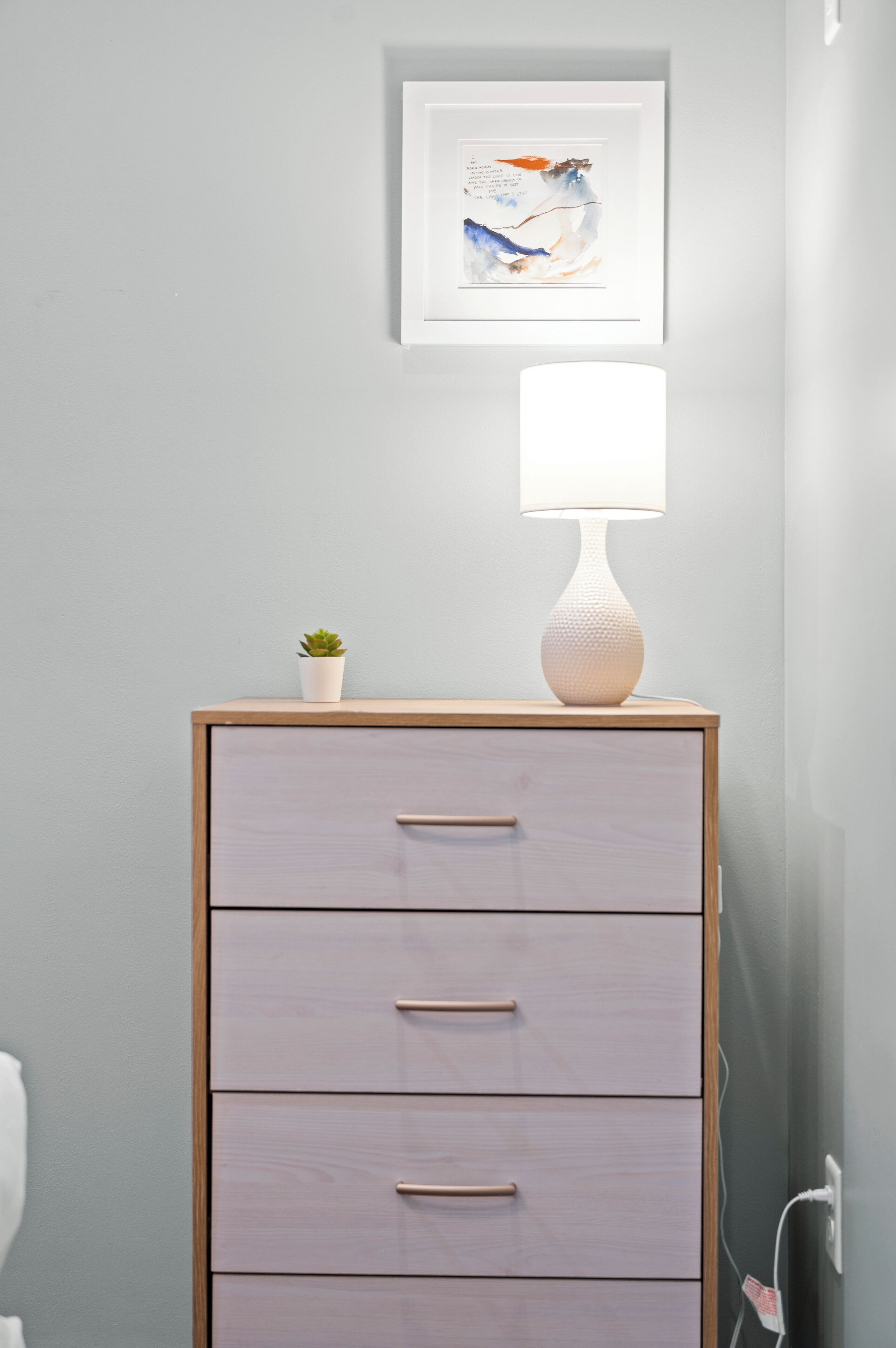 Una stanza dal design minimalista con un armadietto in legno, una piccola pianta in vaso, una lampada bianca e un'opera d'arte incorniciata appesa al muro.