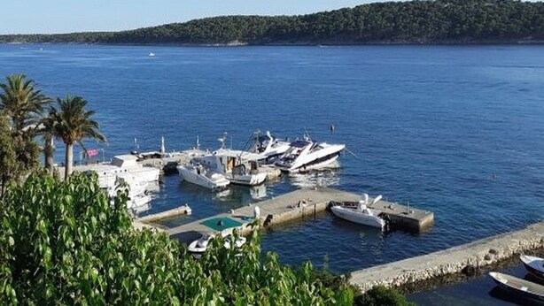 Un port de plaisance où sont amarrés plusieurs bateaux, entouré de verdure et offrant une vue dégagée sur l’eau.