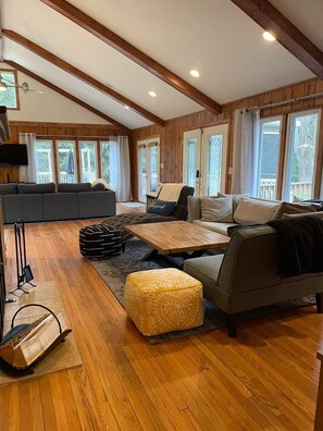 Smart TV, fireplace, books, music library