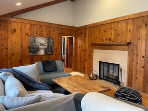 Smart TV, fireplace, books, music library