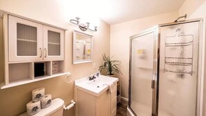 A bathroom with a toilet, sink, mirror, cabinet, and shower. - Lakefront Condo, 2 bedroom, with Dock & Private Patio! Walk to Restaurants! (Detroit Lakes)