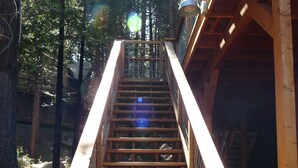 A wooden staircase leading to a cabin in a forested area.