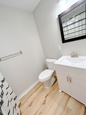 シャワー付き浴槽、ヘアドライヤー、タオル、石鹸