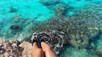A person sitting on a rocky outcrop overlooking turquoise waters and a clear sky.