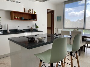 Fridge, microwave, stovetop, coffee/tea maker