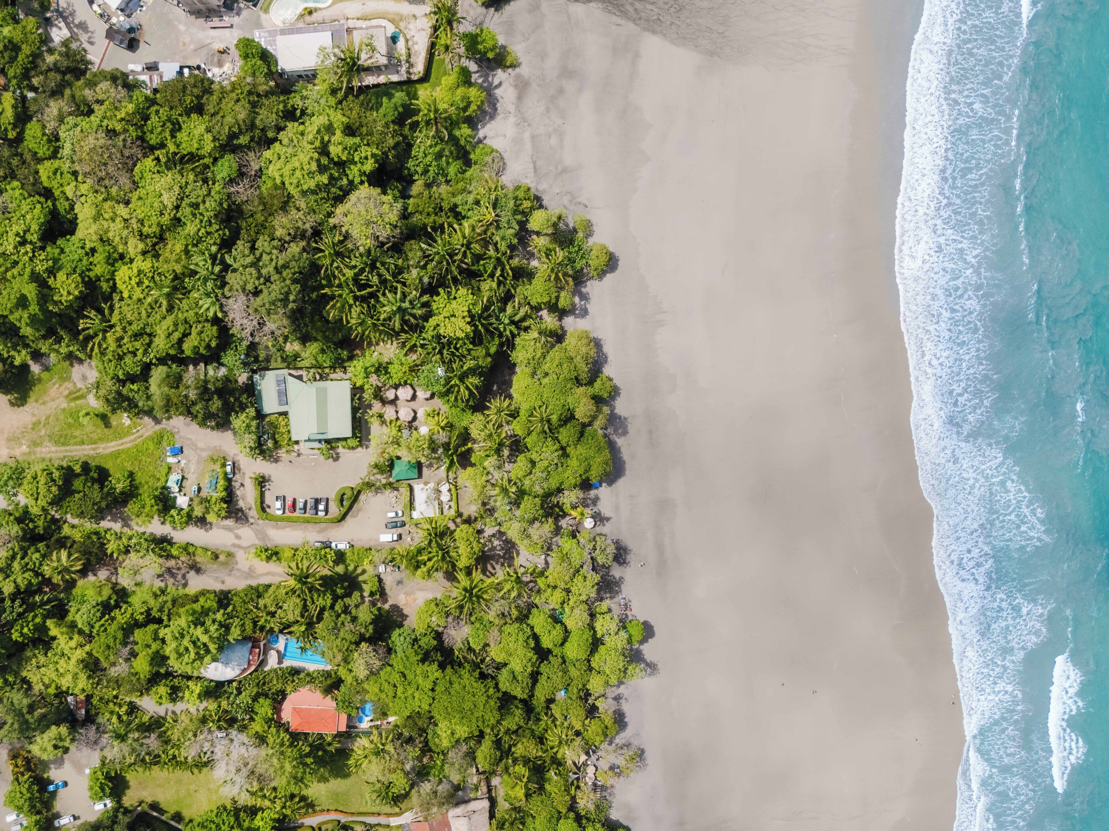 An aerial view of a coastal property with a beach, dense greenery, and several buildings.