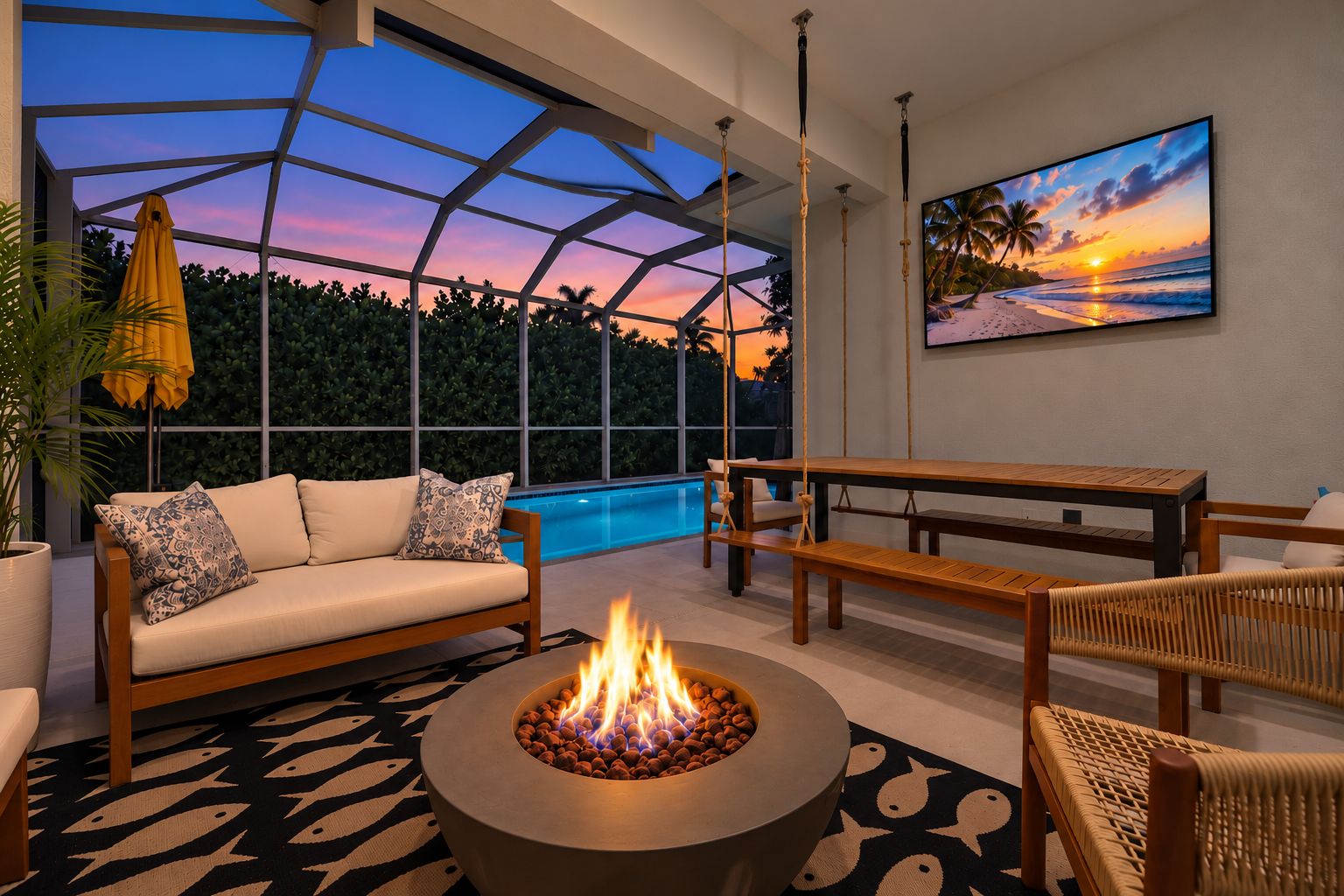 A modern outdoor living space with a fire pit, seating, and a view of a swimming pool at sunset.