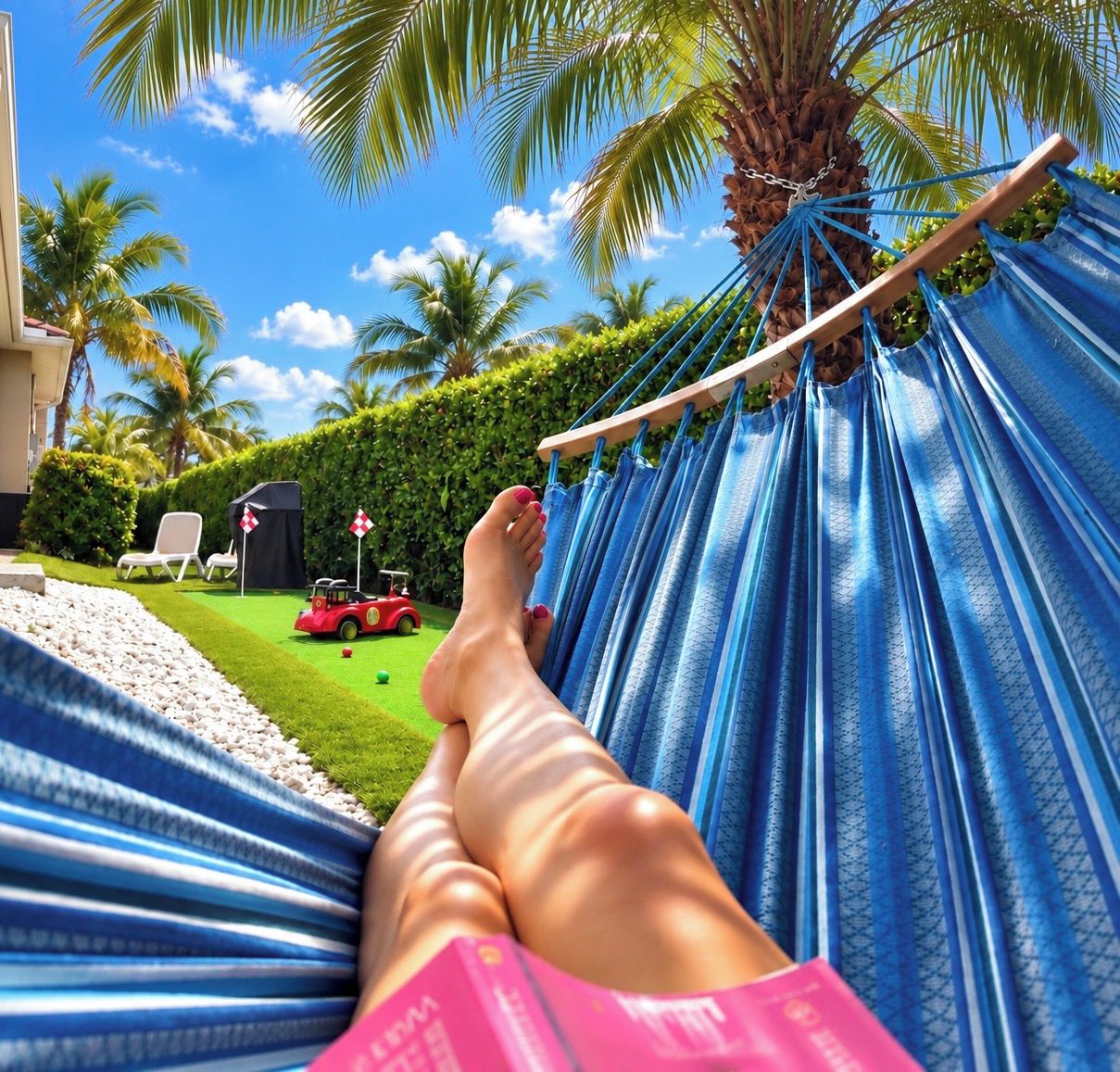 A hammock with a person's legs resting on it, overlooking a pool area with palm trees and a red toy car.