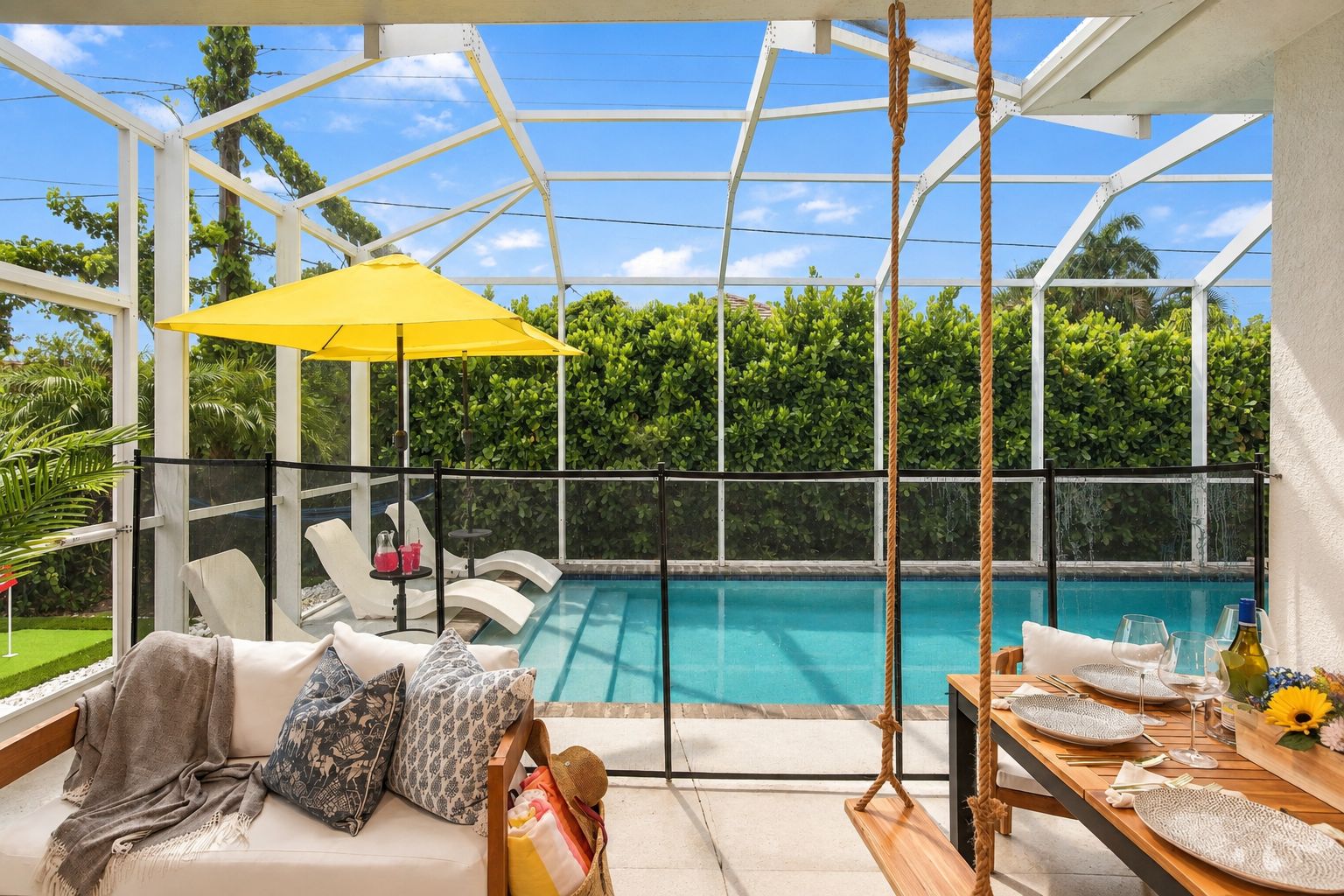 A sunlit outdoor pool area with a glass enclosure, seating, and a dining setup.
