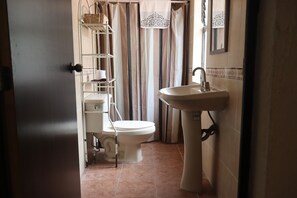 A bathroom with a toilet, a sink, and a shower curtain.