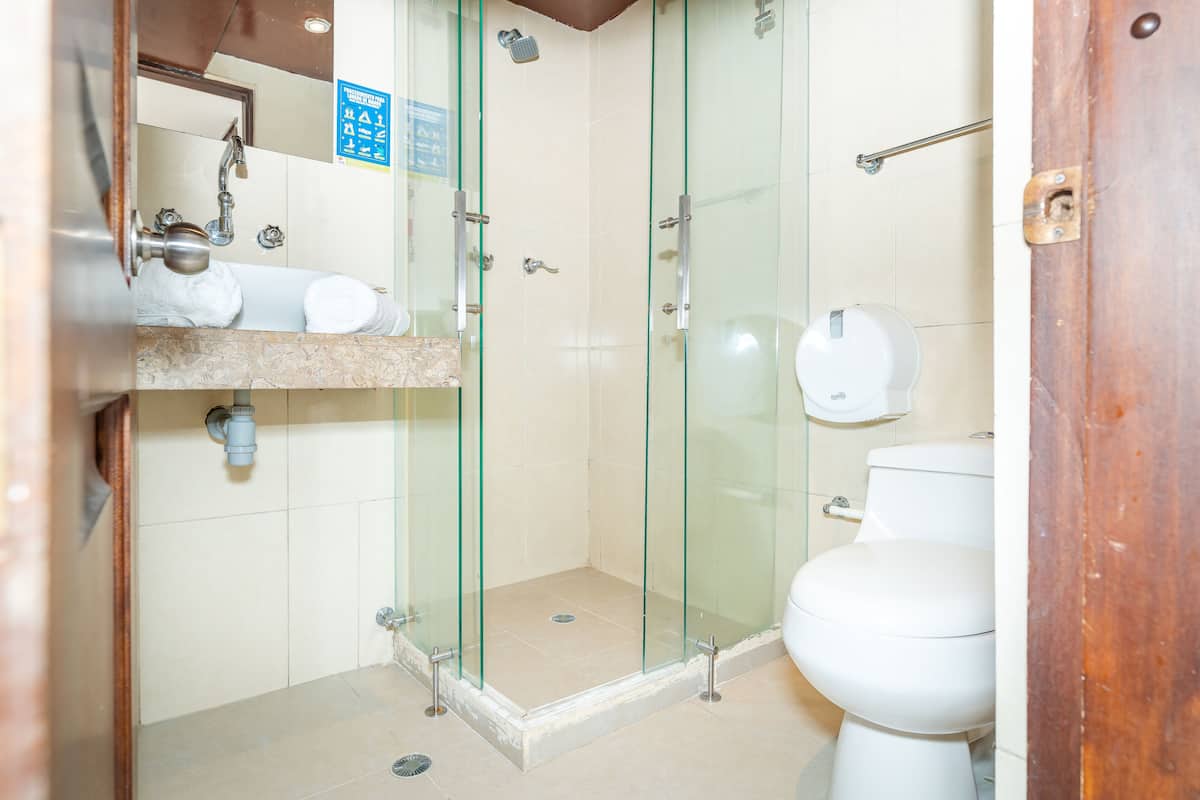Shower, designer toiletries, towels, soap