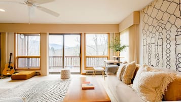 Smart TV, fireplace, books, stereo