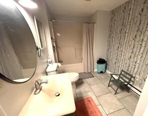 Combined shower/bathtub, hair dryer, towels, soap
