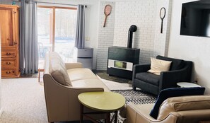 Smart TV, fireplace, books