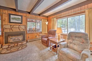 TV, fireplace, DVD player, books