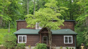 Eine Blockhütte mit grünem Dach, einer Veranda und einem kleinen Garten mit Baum und Sträuchern.