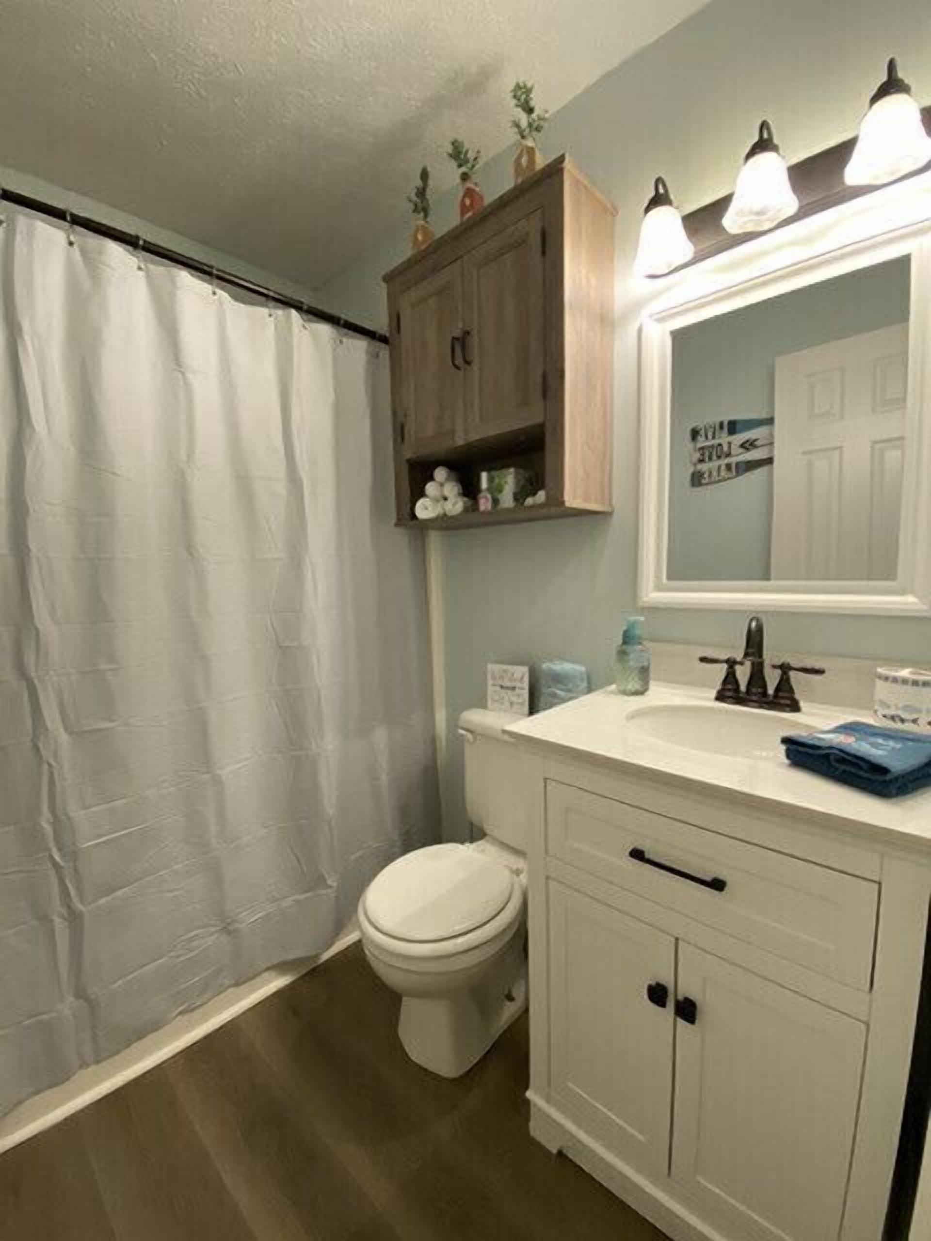 Combined shower/tub, hair dryer, towels, soap