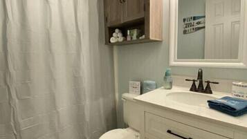 Combined shower/tub, hair dryer, towels, soap