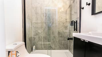 Shower, free toiletries, hair dryer, towels