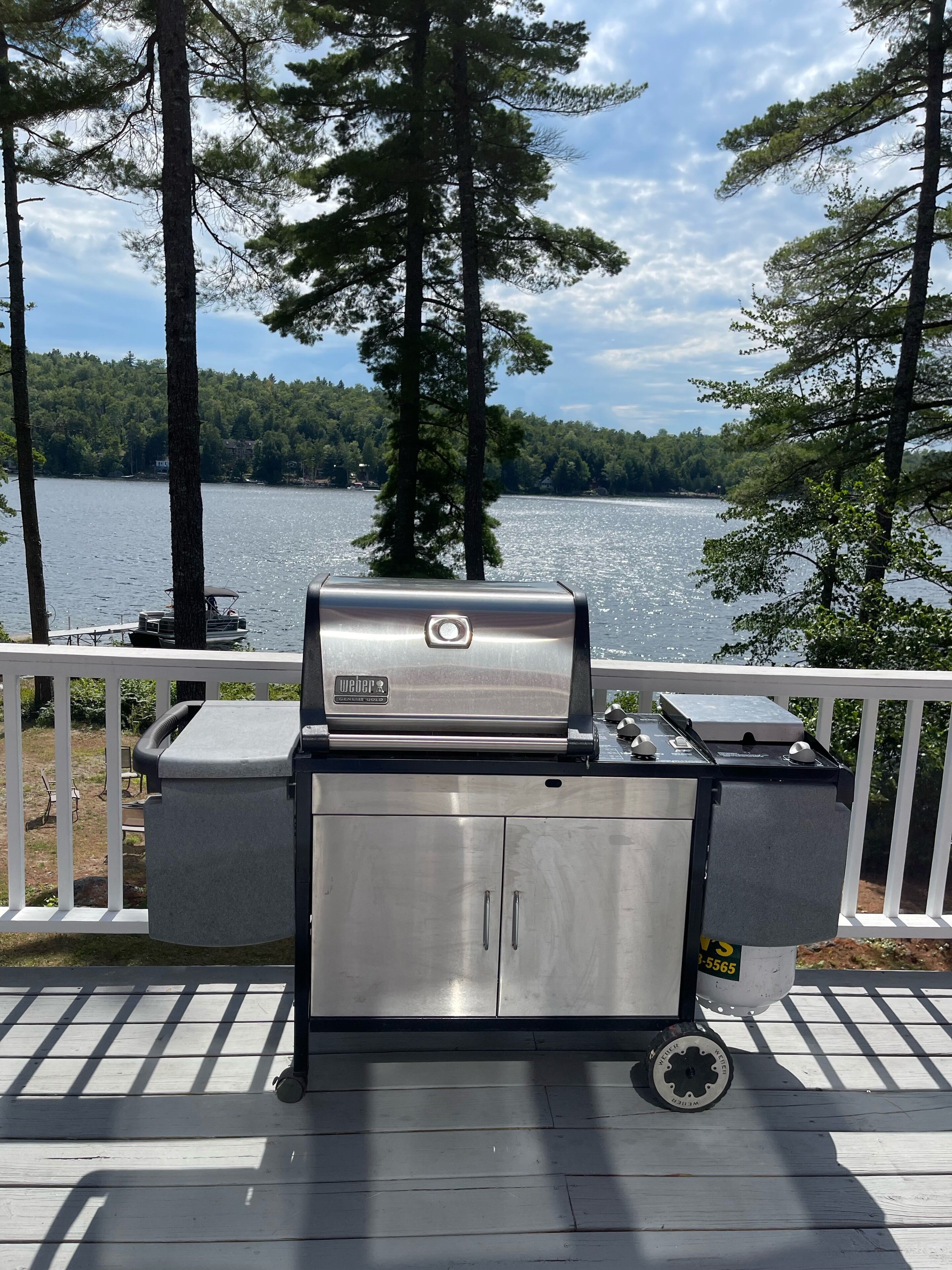 Ein Weber-Grill mit Blick auf einen See und einen Wald.