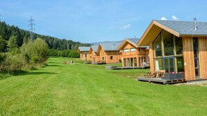 A row of wooden cabins with large windows, set in a grassy field with a forested background. - Premium mit 5 SZ, Sauna oder IR-Sauna by Interhome (Sankt Georgen am Kreischberg)