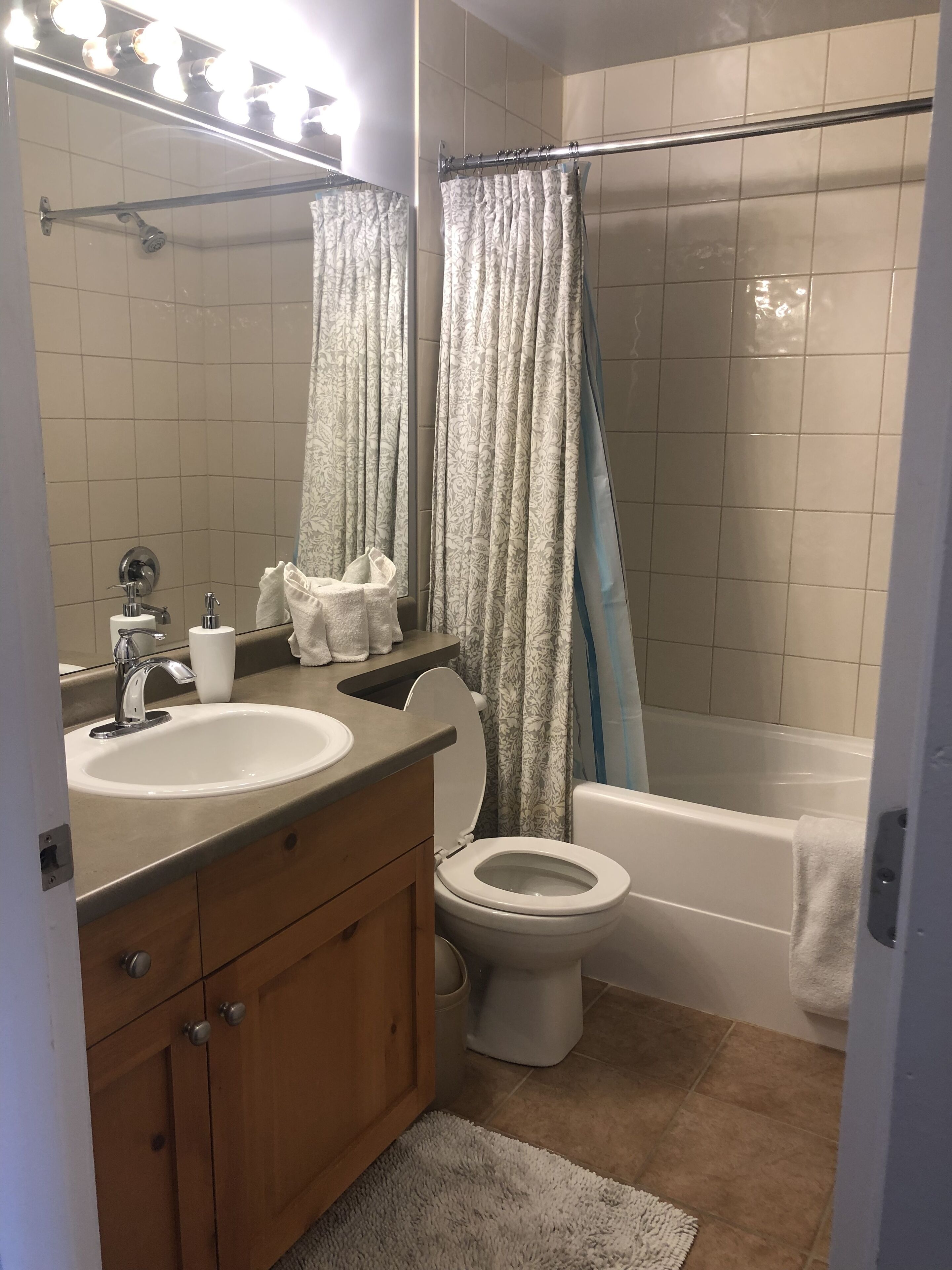 Kombinert dusj/badekar, hårføner, håndklær og såpe