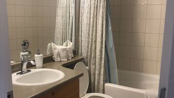 Kombinert dusj/badekar, hårføner, håndklær og såpe