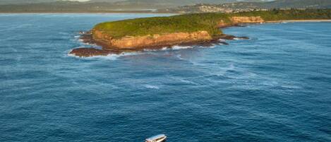 A coastal landscape with a small island and a boat in the water.