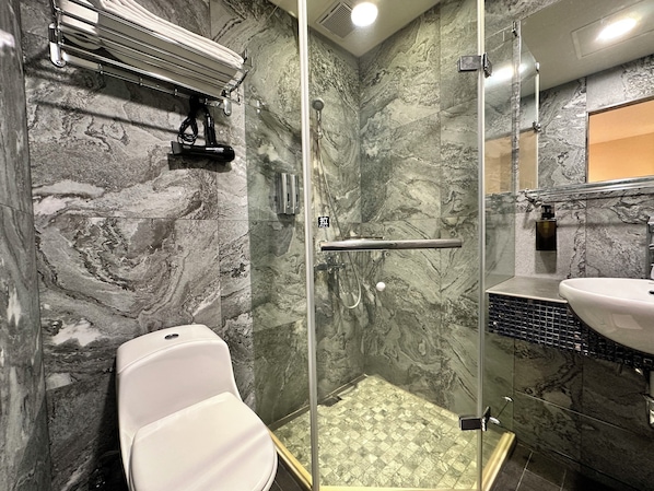 Shower, hair dryer, towels