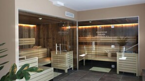 Un sauna avec des bancs en bois et une paroi en verre.