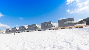 A modern building complex with multiple structures, a flat roof, and a snowy ground.