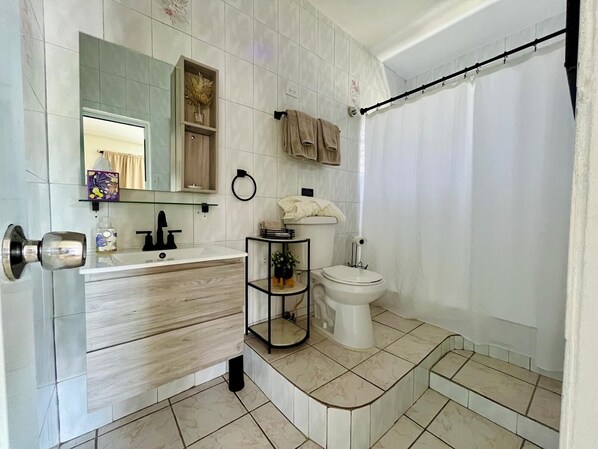 A bathroom with a wooden vanity, a toilet, a shower with a curtain, and a mirror above the vanity. - The West Studio (Rincon)