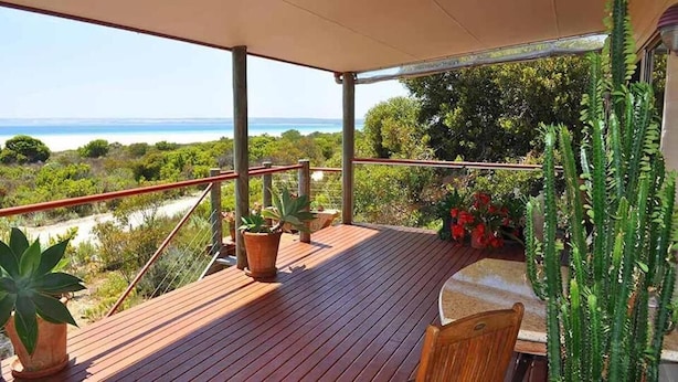Terraza de madera con plantas en macetas y vista al océano.